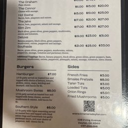 Pizzas, Burgers, Sides (back page of the menu) Pizzas, Burgers, Sides (back page of the menu)