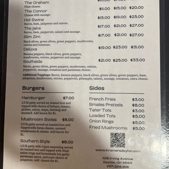 Kramers Tavern - Pizzas, Burgers, Sides (back page of the menu) - Sports Bars Near Me - Dayton, Ohio Kramers Tavern - Pizzas, Burgers, Sides (back page of the menu) - Sports Bars Near Me - Dayton, Ohio