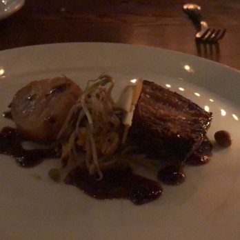 3rd Cousin - Terrible photo... Pork belly was great but wish that scallop could've been better - New American Near Me - San Francisco, California