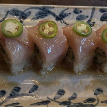 Izakaya Miyabi - Hamachi Special Roll - what is inside???? Fried tempura leaves? The fish on top is good, but c'mon. - Sushi Bars Near Me - Santa Monica, California