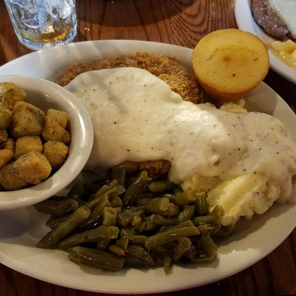 Cracker Barrel Old Country Store - Chicken fried steak with mashed potatoes, green beans, fried okra - Breakfast & Brunch Near Me - Brooksville, Florida Cracker Barrel Old Country Store - Chicken fried steak with mashed potatoes, green beans, fried okra - Breakfast & Brunch Near Me - Brooksville, Florida