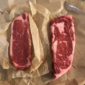 Baron's Quality Meats & Seafood - L-R: NY strip and rib eye, Five Dot Ranch - Meat Shops Near Me - Alameda, California