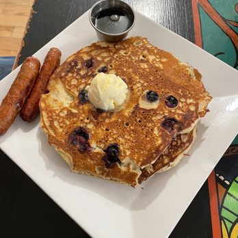 Green Goddess Cafe - Blueberry pancakes and added sausage - Breakfast & Brunch Near Me - Stowe, Vermont Green Goddess Cafe - Blueberry pancakes and added sausage - Breakfast & Brunch Near Me - Stowe, Vermont