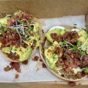 Black Sheep Bagel Cafe - Gluten and Dairy Free Avocado Toast with egg and bacon added - Bagels Near Me - Cambridge, Massachusetts