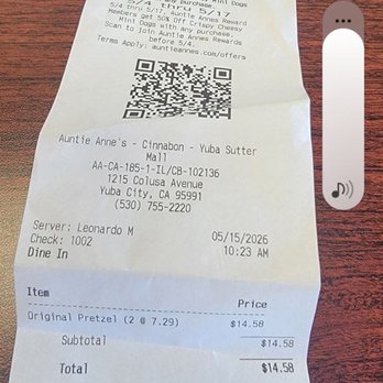 Auntie Anne's - May 15 receipt - Pretzels Near Me - Yuba City, California