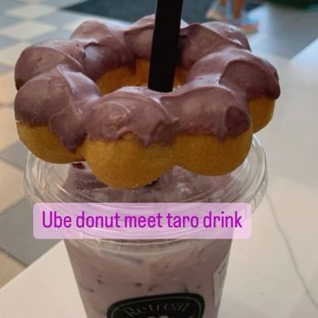 Retreat Sweets - Ube mochi donut with Taro twist drink - Cafes Near Me - Westport, Connecticut Retreat Sweets - Ube mochi donut with Taro twist drink - Cafes Near Me - Westport, Connecticut