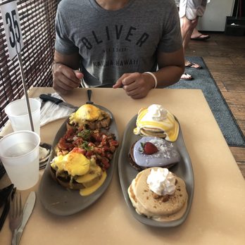 My Cafe - Pancake flight (lilikoi, Haupia chocolate, cookie butter) and kalua pig Benedict. DELICIOUS!!! - Breakfast & Brunch Near Me - Kapolei, Hawaii My Cafe - Pancake flight (lilikoi, Haupia chocolate, cookie butter) and kalua pig Benedict. DELICIOUS!!! - Breakfast & Brunch Near Me - Kapolei, Hawaii