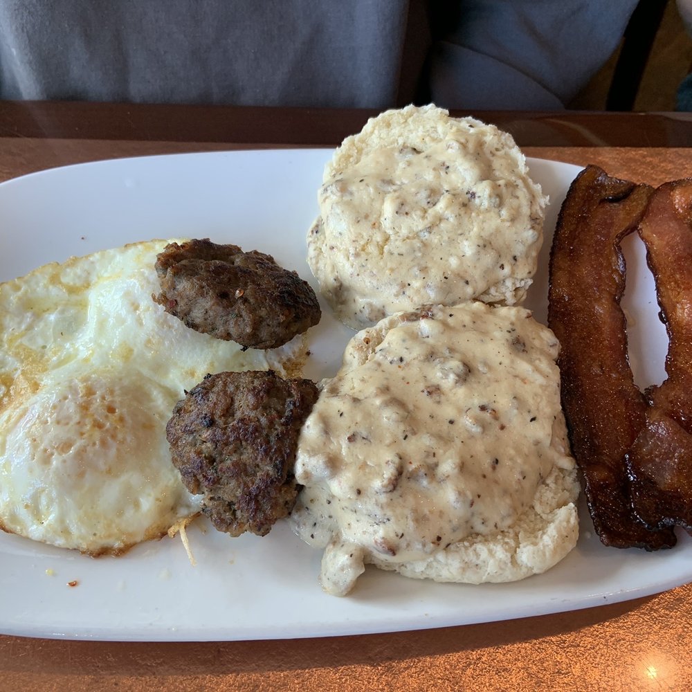 Another Broken Egg Cafe - Biscuits and Gravy with over medium eggs, bacon and sausage - Breakfast & Brunch Near Me - Delray Beach, Florida