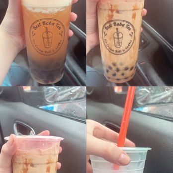 Best Boba Tea - Taro boba tea (bottom right), brown sugar milk tea (top right and bottom left), and passionfruit green tea (top left) drink - Bubble Tea Near Me - Belleville, Illinois