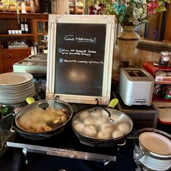 Mill Inn - Breakfast of delicious poached eggs, sausage with veggies, frittata plus made-from-scratch waffles, fresh fruit, bacon, sausage, OJ, etc.