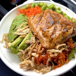 Son Son Asian Inspired Eats - MIni Bowl - Salmon Bowl with avocado, japchae, edamame and crunchy onions