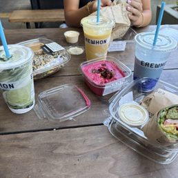 Smoothies, wraps, salad, beet hummus and pita chips.