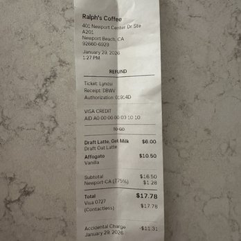 Ralph's Coffee - Receipt of refund - Coffee & Tea Near Me - Newport Beach, California Ralph's Coffee - Receipt of refund - Coffee & Tea Near Me - Newport Beach, California