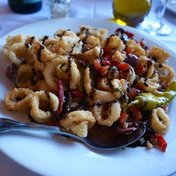 Stefano's - The Mediterranean calamari - heavenly combination. Balsamic reduction, sundried tomato, peppers, kalamata olives - Seafood Near Me - Beach Haven, New Jersey