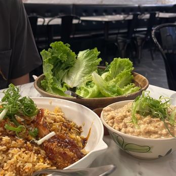 Eto'o Modern Asian Cuisine - 100. Eto'o's Chicken Lettuce Wrap, 103. Crab Fried Rice with Coconut Shrimp - Asian Fusion Near Me - Chicago, Illinois