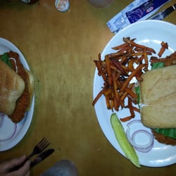 Wacky Jacks - Big pig tenderloin in panko crumbs with fries....mine were sweet ootato and his were home cut.