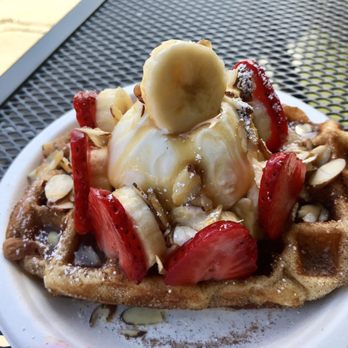 Little Gem Belgian Waffles - Waffle of Warriors with added strawberries and almonds - So yummy! - Desserts Near Me - Berkeley, California Little Gem Belgian Waffles - Waffle of Warriors with added strawberries and almonds - So yummy! - Desserts Near Me - Berkeley, California