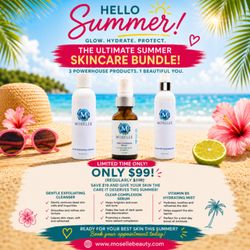 Summer Skin Care Bundle: Gentle Exfoliating Cleanser, Clear Complexion Serum, Vitamin B5 Hydrating Mist