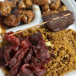 Panda Garden - General Tso's chicken C-S-2 with H beef teriyaki and E boneless spare ribs. Yum.
