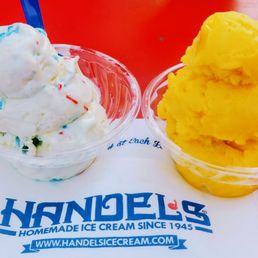 Small scoops of Birthday Cake ice cream and Mango (non dairy)