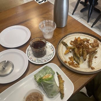 District 9 Kitchen - Tofu spring rolls, green bean tempura, house made chilli oil, complimentary infused water (lemon or lime?) - Noodles Near Me - Anaheim, California District 9 Kitchen - Tofu spring rolls, green bean tempura, house made chilli oil, complimentary infused water (lemon or lime?) - Noodles Near Me - Anaheim, California