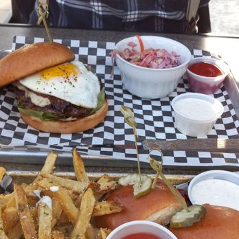 Klüddes Smokehouse + Saloon - Kluddes burger with spicy coleslaw and pork sliders with garlic parmesan fries. - American Near Me - Yucaipa, California