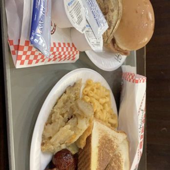 Bakers Ribs - Any Sandwich & 1 Side (Sliced Ham & Baked Potato)  Sausage Plate with brisket, Mac-N-Cheese and Scalloped Potatoes - Barbeque Near Me - Weatherford, Texas