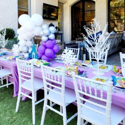 Toddler Play Zone Houston - Winter Wonderland for a 5th Birthday! Kids Party Table and White Chivari Chairs.