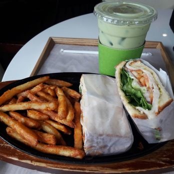 Manoa Bakery Cafe - Chicken pesto panini with fries + green tea latte - Coffee & Tea Near Me - Annandale, Virginia Manoa Bakery Cafe - Chicken pesto panini with fries + green tea latte - Coffee & Tea Near Me - Annandale, Virginia