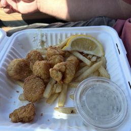 Waited 1.5 hrs for take out scallop plate no coleslaw extra fries it's 20+ dollars this is the result and it was cold Waited 1.5 hrs for take out scallop plate no coleslaw extra fries it's 20+ dollars this is the result and it was cold