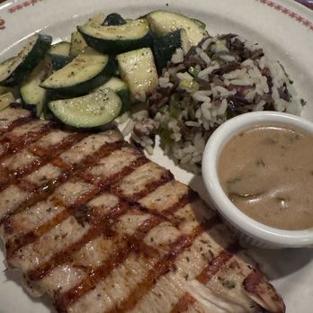 The Lodge - Grilled chicken with Marsala sauce on the side with zucchini and pecan rice. - Adult Entertainment Near Me - Dallas, Texas The Lodge - Grilled chicken with Marsala sauce on the side with zucchini and pecan rice. - Adult Entertainment Near Me - Dallas, Texas