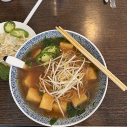 Vegetarian Pho (Tofu) with Sriracha & hoisin sauce
