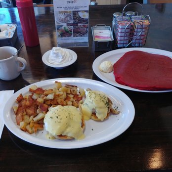 Griddlecakes - Eggs and Crab cakes and Red Velvet Pancake - American Near Me - Las Vegas, Nevada
