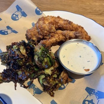 Doughbird - Chicken tenders with Brussels sprouts and homemade bleu cheese dressing. Very yummy! - Comfort Food Near Me - Tucson, Arizona