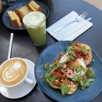 Arcade Downtown - Huevos rancheros. Matcha. Cappuccino. Egg and cheese sandwich - Cafes Near Me - Riverside, California