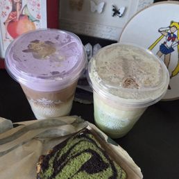 Iced Ube Coconut Macchiatto, Iced Dubai Chcolate Matcha, and Chocolate Pistachio Loaf.