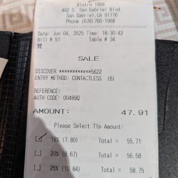 Bistro 1968 - Receipt for dinner ayce for dinner on Wednesday at 5 p.m. for two.  20 per person and 2 dollar tea tax. - Dim Sum Near Me - San Gabriel, California