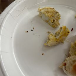 Curly dark hair and small black hair in breakfast sandwich. Curly dark hair and small black hair in breakfast sandwich.