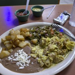 Chicharron and Egg with Nopales, beans, and potatoes. Get the salsas on the side! Chicharron and Egg with Nopales, beans, and potatoes. Get the salsas on the side!
