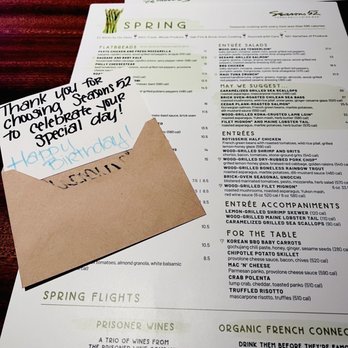 Seasons 52 - Lovely Birthday Card; so thoughtful! - New American Near Me - Costa Mesa, California