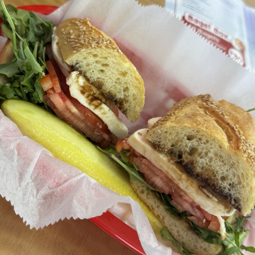 Pork Roll Petes - SM Caprese (V) sub, add arugula.  Bread was so soft and fresh! Bomb - Bagels Near Me - Bradenton, Florida