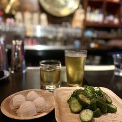 The Apothecary at Midnight Oil - Shrimp Hargow, Cucumber Salad, Old Fashioned & beer
