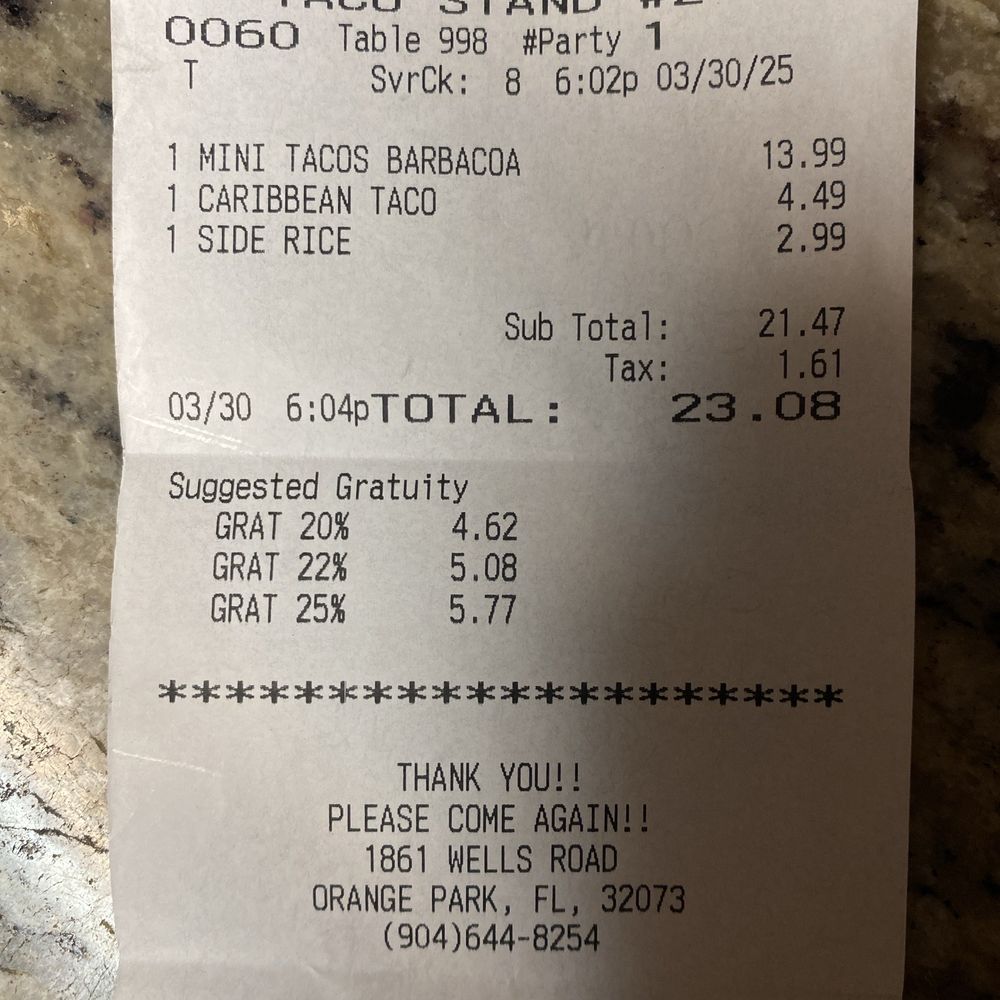 One Night Taco Stand - I feel like I got all that for a steal!! And yes I left a tip even though it was to go. - Tacos Near Me - Orange Park, Florida One Night Taco Stand - I feel like I got all that for a steal!! And yes I left a tip even though it was to go. - Tacos Near Me - Orange Park, Florida