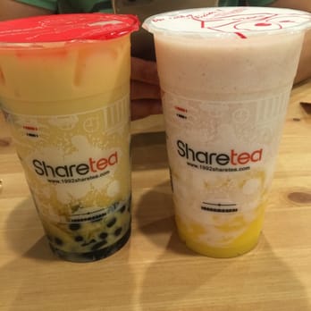 Sharetea - Mango green milk tea with herb jelly and tap/ fresh taro milk with pudding - Bubble Tea Near Me - Houston, Texas Sharetea - Mango green milk tea with herb jelly and tap/ fresh taro milk with pudding - Bubble Tea Near Me - Houston, Texas