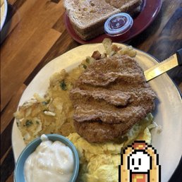 Country Fried Steak, scrambled eggs, Home Fries, wheat toast, asked for gravy on the side Country Fried Steak, scrambled eggs, Home Fries, wheat toast, asked for gravy on the side