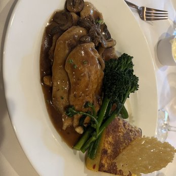 Willies Modern Fare - Chicken Marsala with grilled polenta cake and buttered broccolini - Modern European Near Me - Rancho Mirage, California Willies Modern Fare - Chicken Marsala with grilled polenta cake and buttered broccolini - Modern European Near Me - Rancho Mirage, California