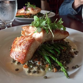 9 Elm American Bistro - Salmon over asparagus and lentils - New American Near Me - Danvers, Massachusetts 9 Elm American Bistro - Salmon over asparagus and lentils - New American Near Me - Danvers, Massachusetts