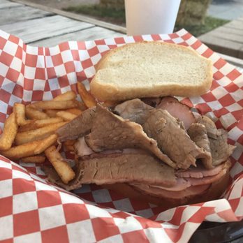 Filling Station BBQ - Brisket and ham sandwich with fries - Barbeque Near Me - Lee's Summit, Missouri