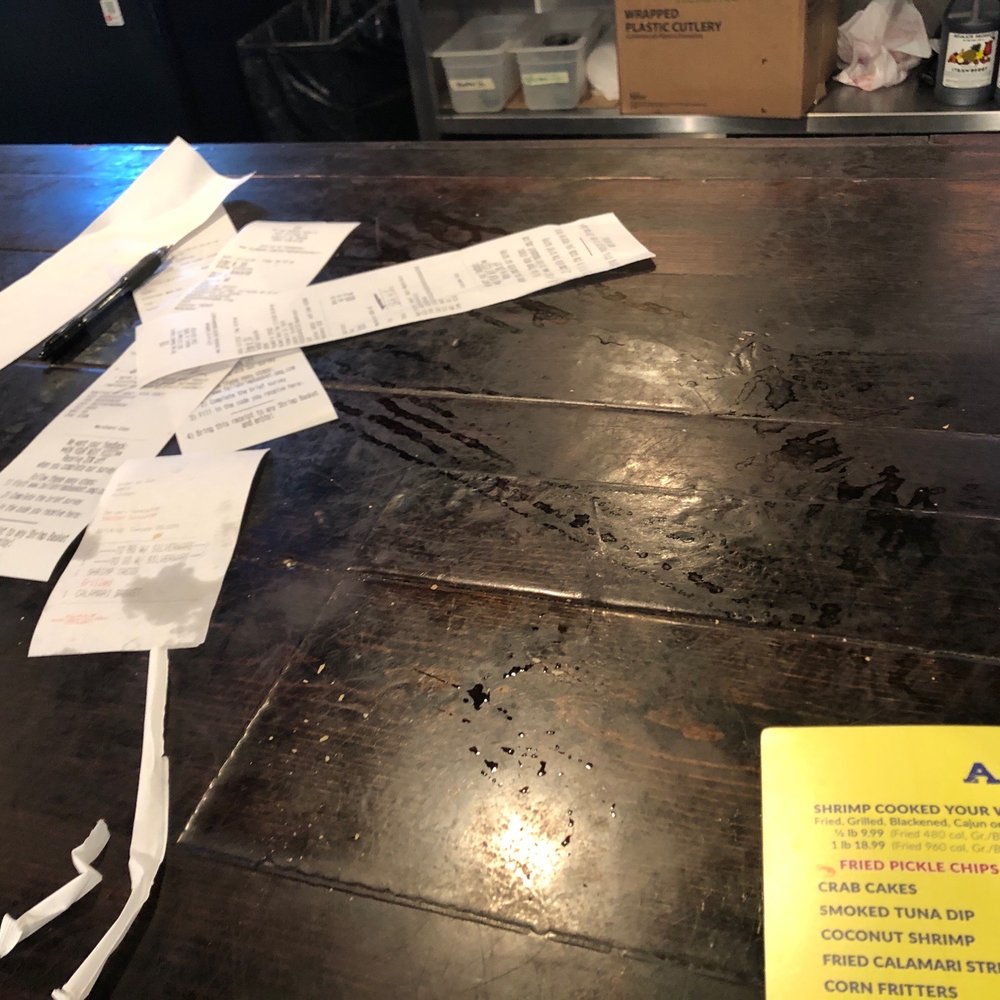 Shrimp Basket - A mess at the bar, was here for 11 min before I got a water and a menu. No one ever cleared this mess - Seafood Near Me - Auburn, Alabama Shrimp Basket - A mess at the bar, was here for 11 min before I got a water and a menu. No one ever cleared this mess - Seafood Near Me - Auburn, Alabama