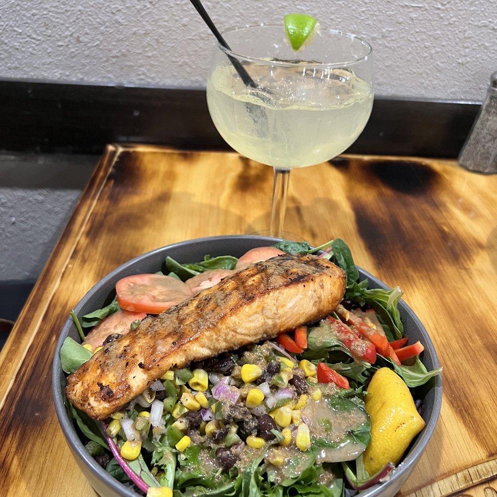 Ensalada de Salmon (minus the avocado) and the best house margarita in town!
